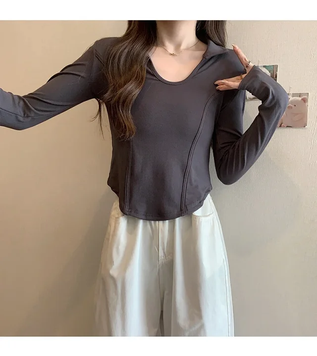 Women's Long Sleeve Cropped Polo Shirt Detail