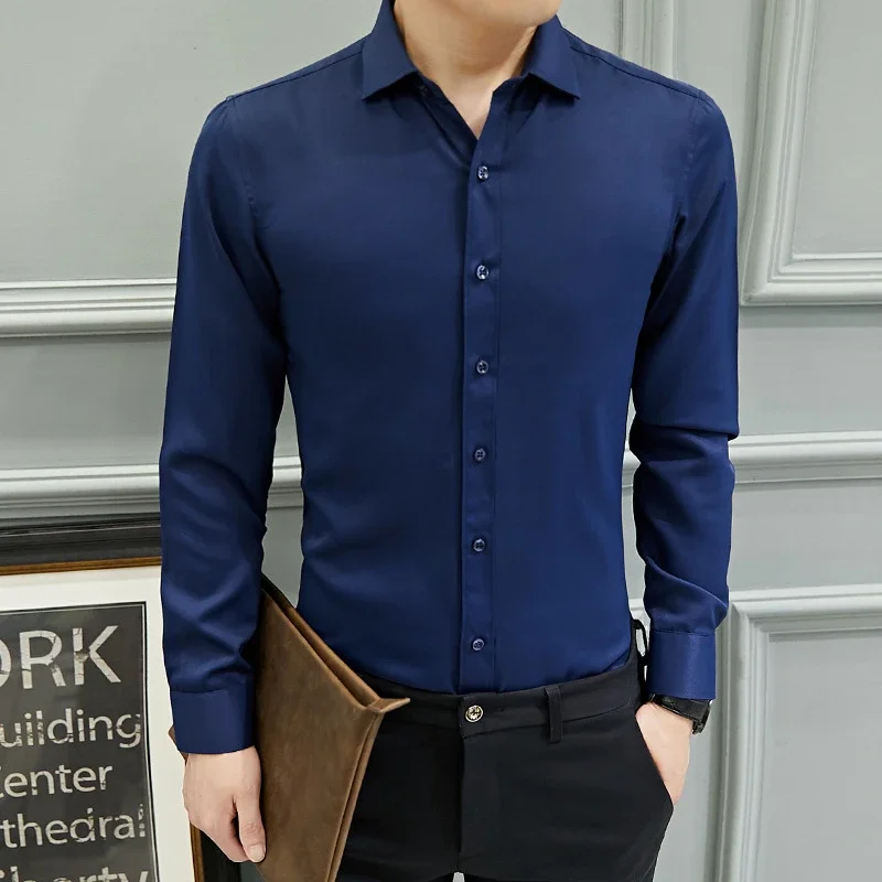 Men's Slim-Fit Long-Sleeve Korean White Shirt