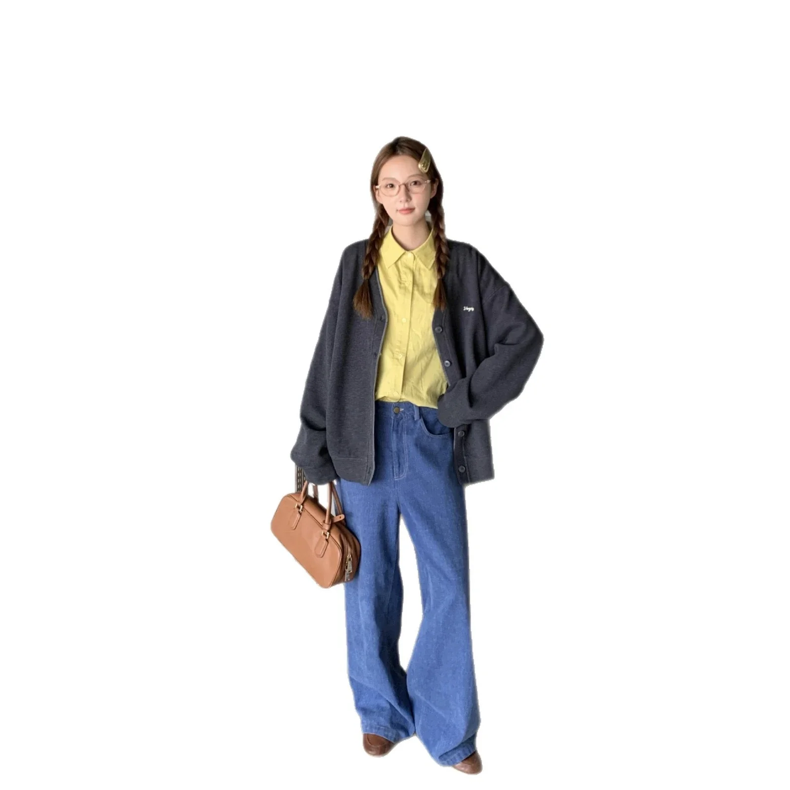 Women's Korean Relaxed V-Neck Embroidered Cardigan