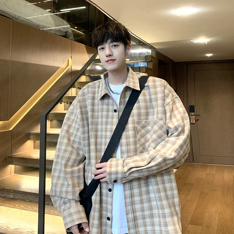 Japanese-Style Men's Cotton Oversize Plaid Shirt