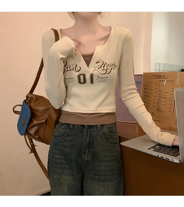 Women's Long-Sleeve Layered Retro Tee Detail
