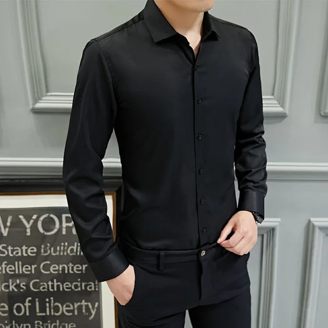 Men's Slim-Fit Long-Sleeve Korean White Shirt Detail