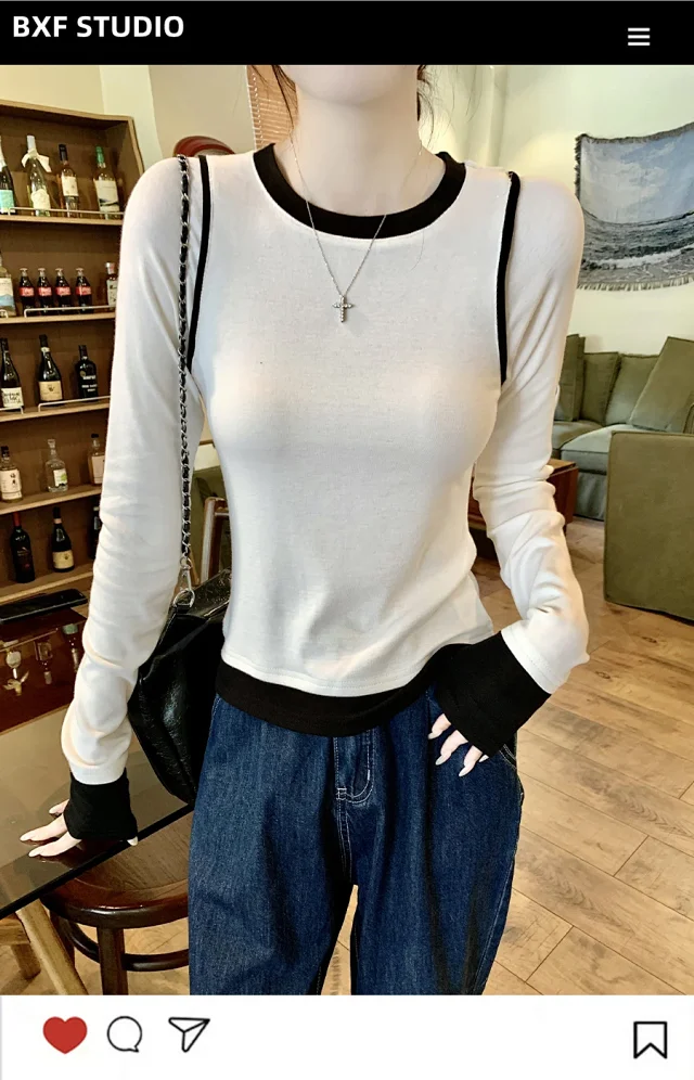 Women's Long Sleeve Mock Two-Piece T-Shirt Detail