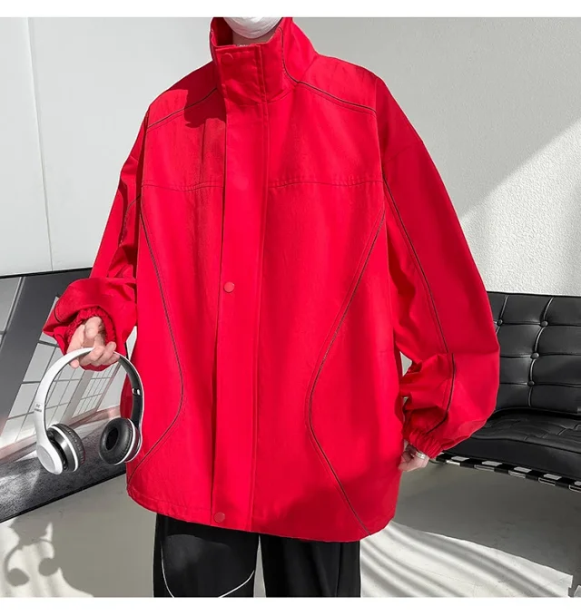 Men's Burgundy Hip-Hop Hooded Bomber Jacket Detail