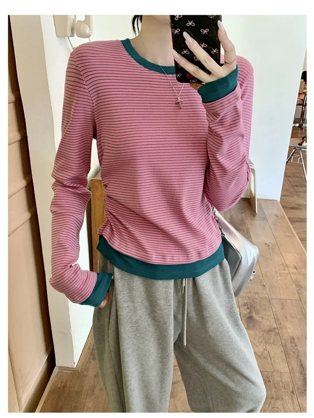 Women's Long Sleeve Striped Mock T-Shirt Detail