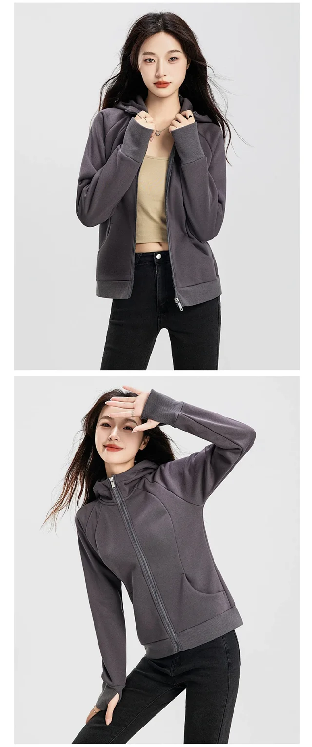 Women's Slim-Fit Hooded Velvet Zip Cardigan Detail
