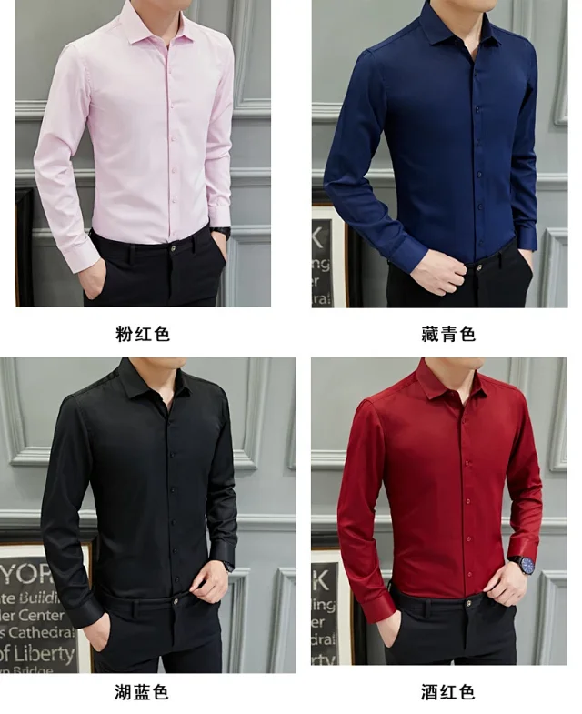 Men's Slim-Fit Long-Sleeve Korean White Shirt Detail