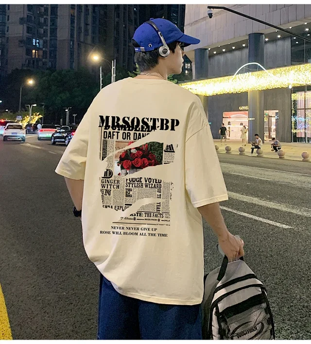 Men's Oversized Cotton Tee 2025 Rose-Print Detail