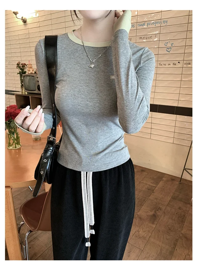 Women's Color-Block Mock Two-Piece Long-Sleeve Tee Detail