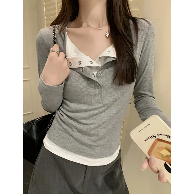 Women's Mock Two-Piece Color-Block Long-Sleeve Tee Detail