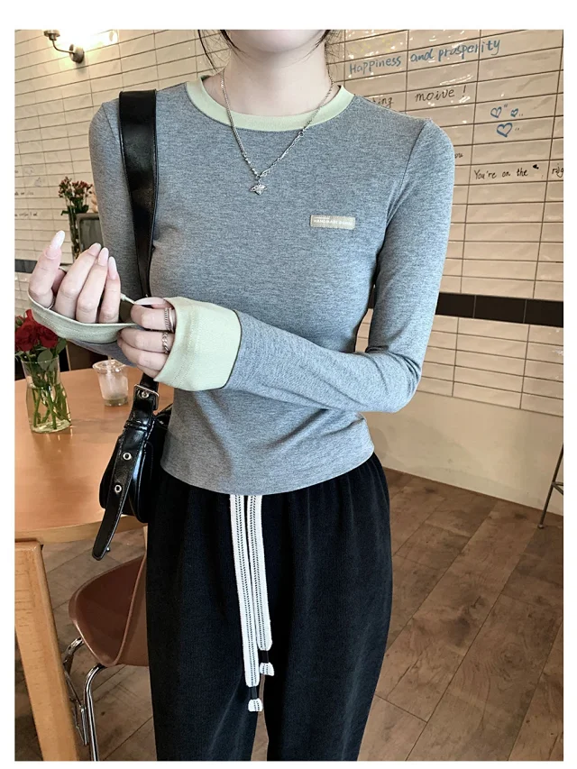 Women's Color-Block Mock Two-Piece Long-Sleeve Tee Detail