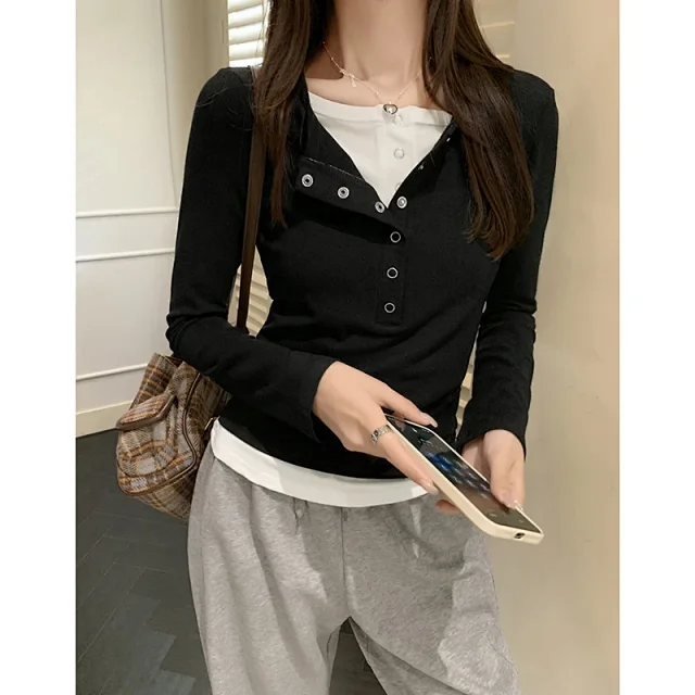 Women's Mock Two-Piece Color-Block Long-Sleeve Tee Detail