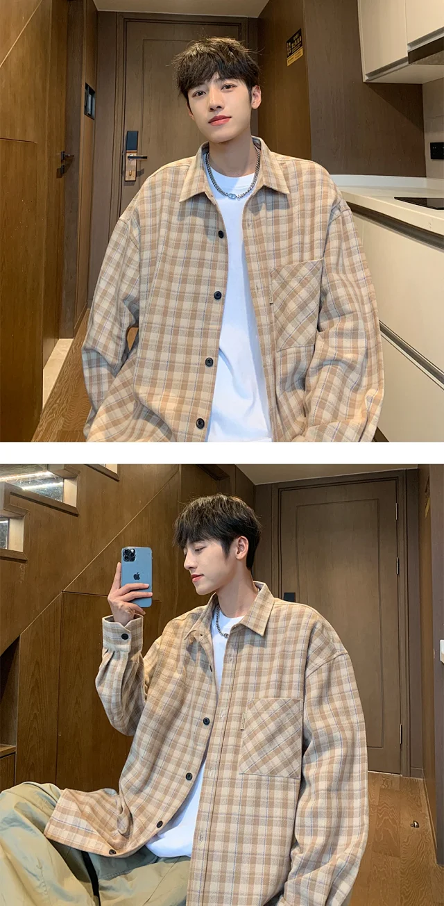 Japanese-Style Men's Cotton Oversize Plaid Shirt Detail