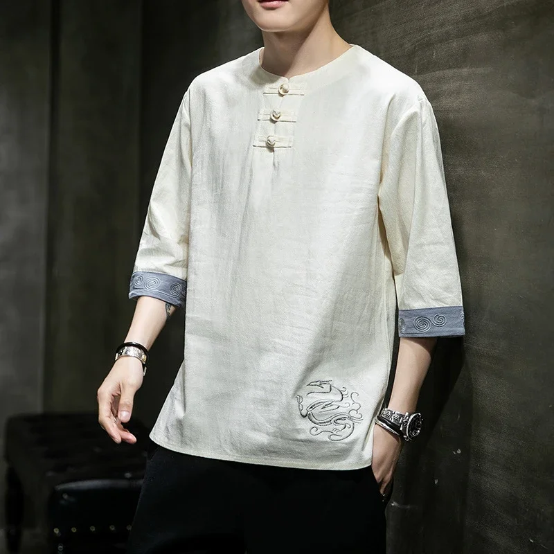 New Chinese Men's Linen 3/4 Tee