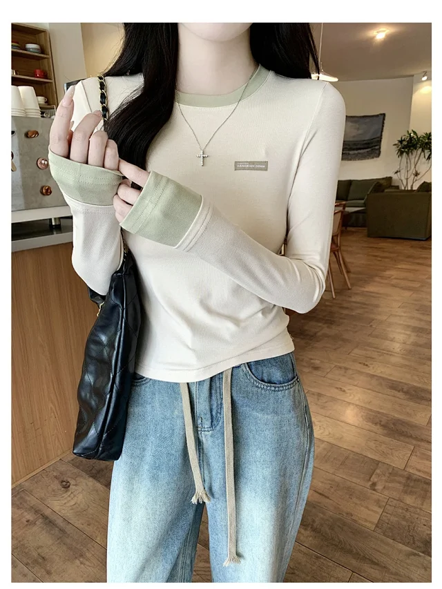Women's Color-Block Mock Two-Piece Long-Sleeve Tee Detail