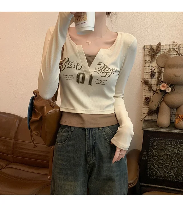 Women's Long-Sleeve Layered Retro Tee Detail