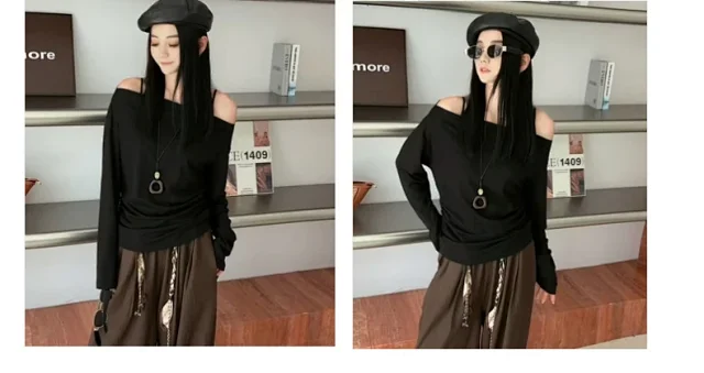 Women's Off-Shoulder Long Sleeve Tencel Tee Detail