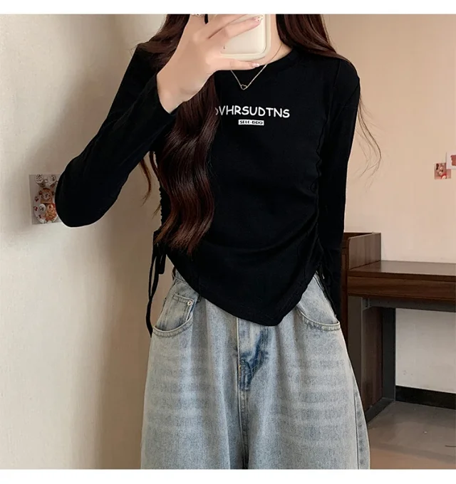 Women's Autumn Cropped Drawstring Long-Sleeve Top Detail