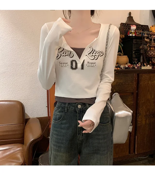 Women's Long-Sleeve Layered Retro Tee Detail