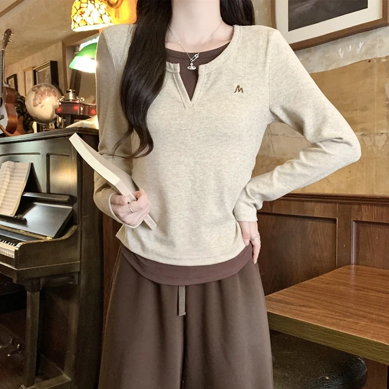 Women's V-Neck Long-Sleeve Layered Cropped T-Shirt