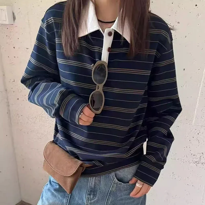 Autumn 2025 Cotton Striped Polo Sweatshirt