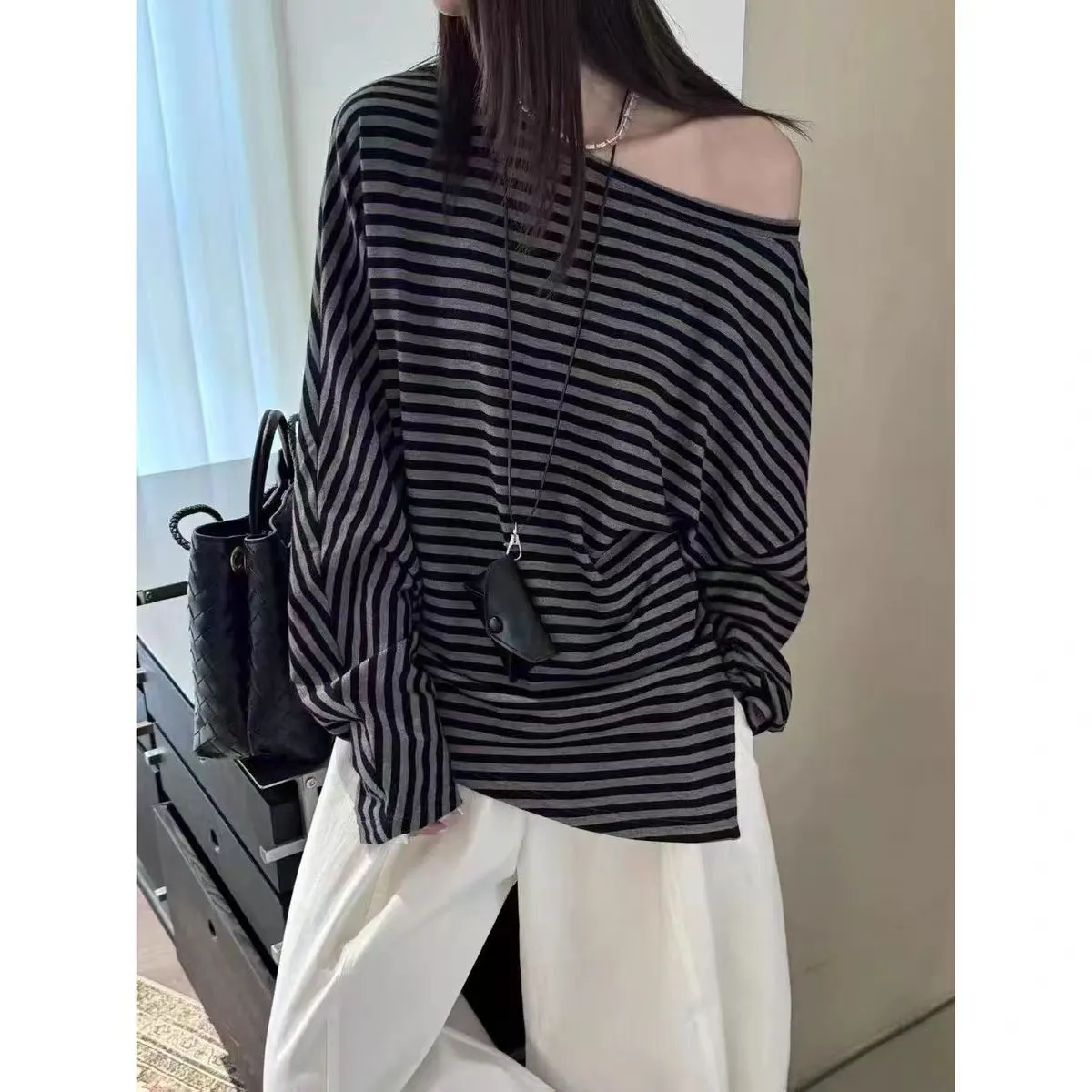 Tencel Women's Off-Shoulder Contrast Striped Tee