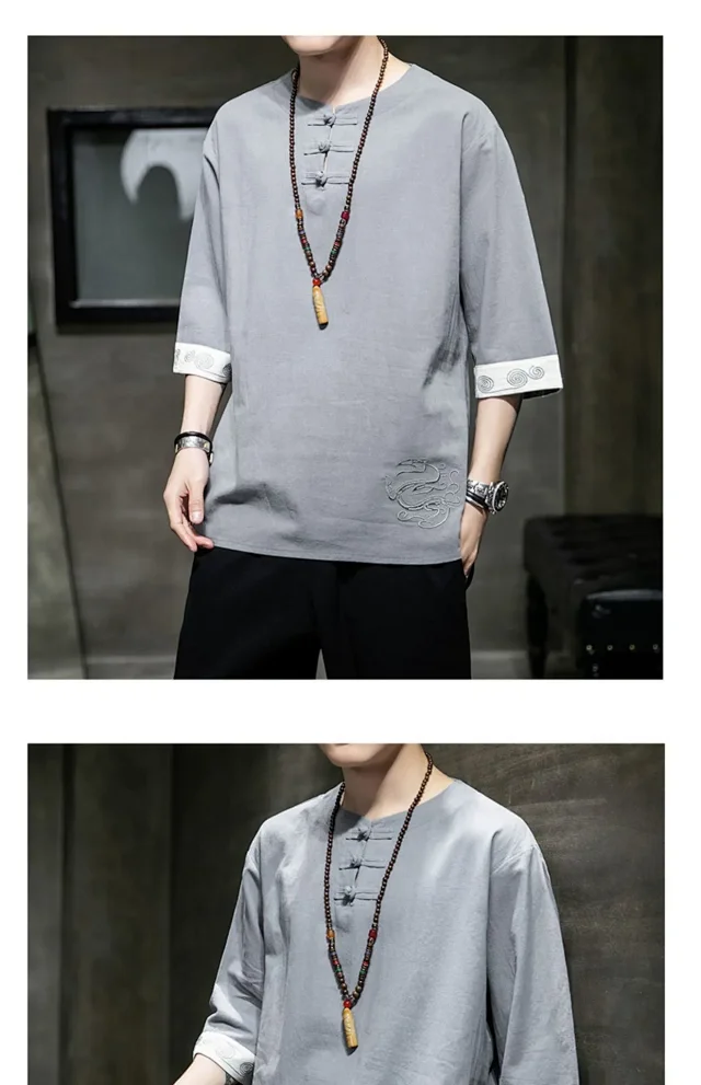 New Chinese Men's Linen 3/4 Tee Detail