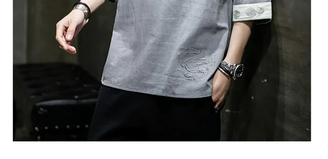 New Chinese Men's Linen 3/4 Tee Detail