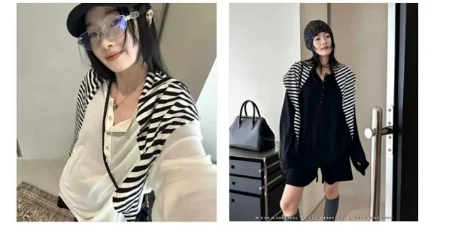 Women's LS Korean Striped Tee Set Detail