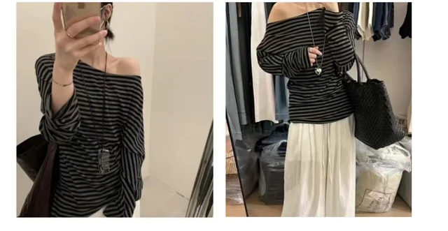 Tencel Women's Off-Shoulder Contrast Striped Tee Detail