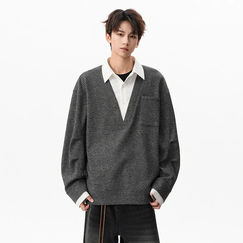 Men's Relaxed Shirt Collar Layered Sweater