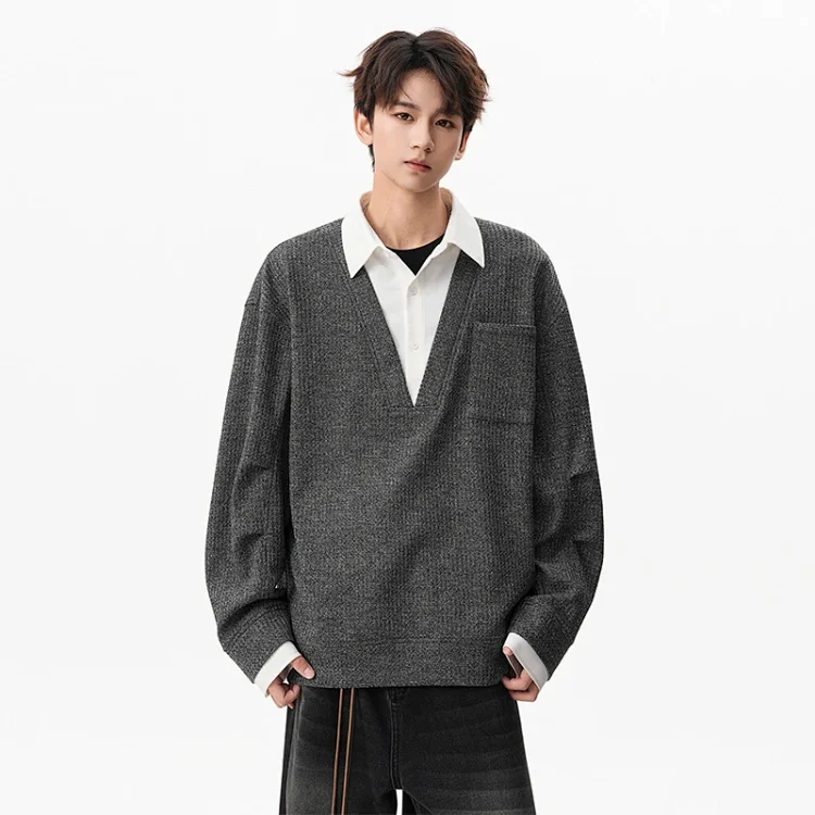 Men's Relaxed Shirt Collar Layered Sweater
