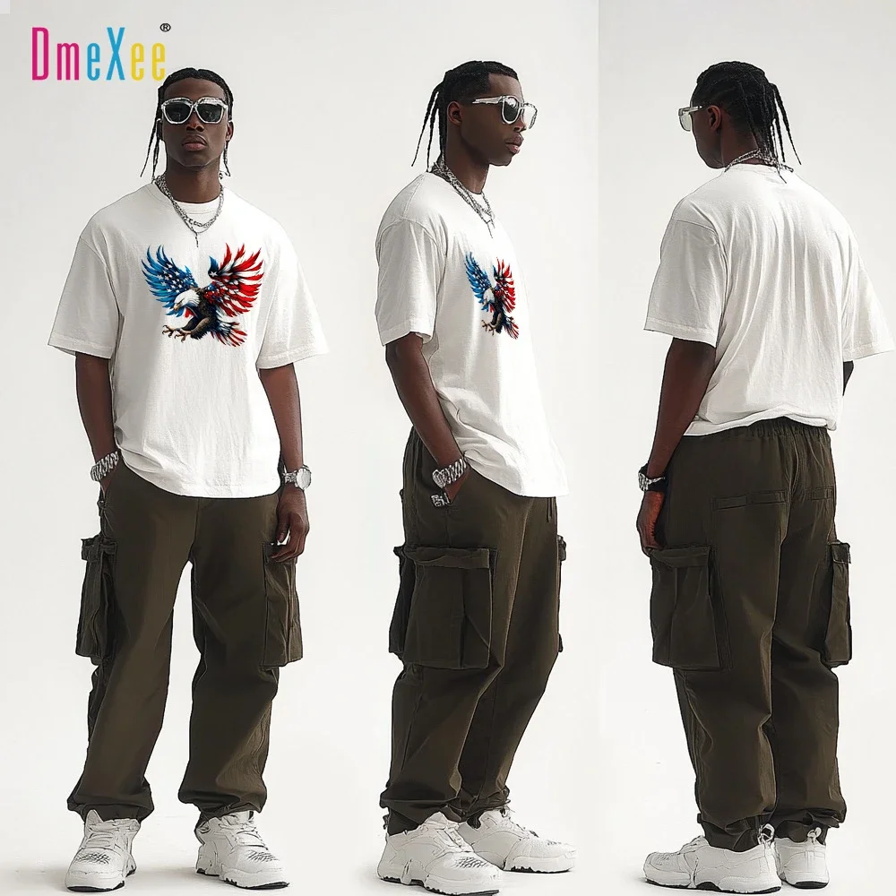 2025 Summer Streetwear Men's Oversized T - Shirt with American Eagle Print