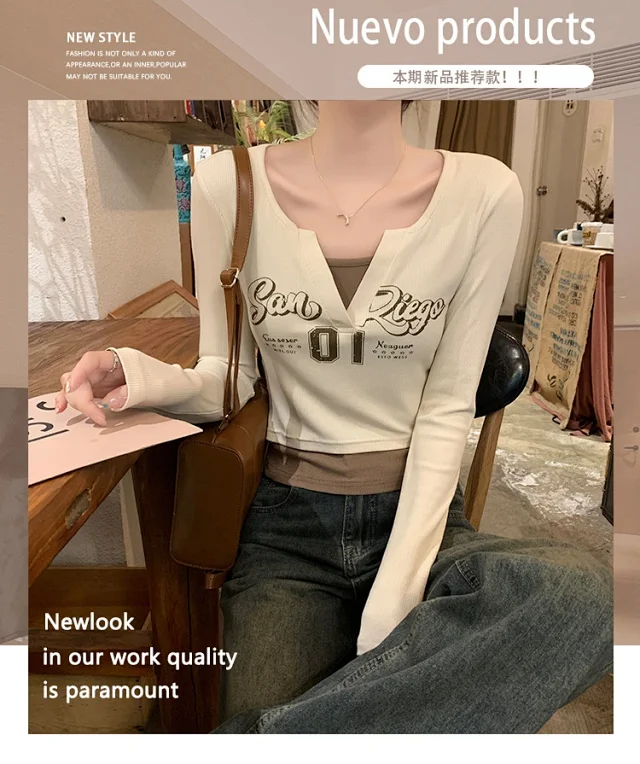 Women's Long-Sleeve Layered Retro Tee Detail