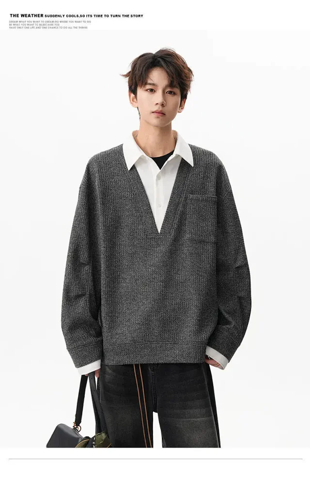 Men's Relaxed Shirt Collar Layered Sweater Detail