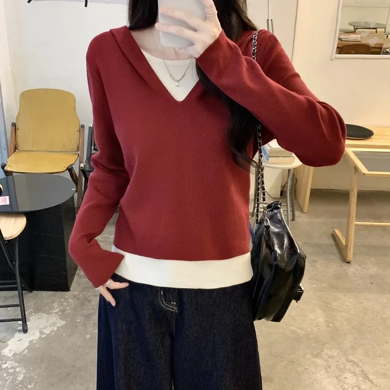 2025 Fall Women's Hooded Patchwork Sweater