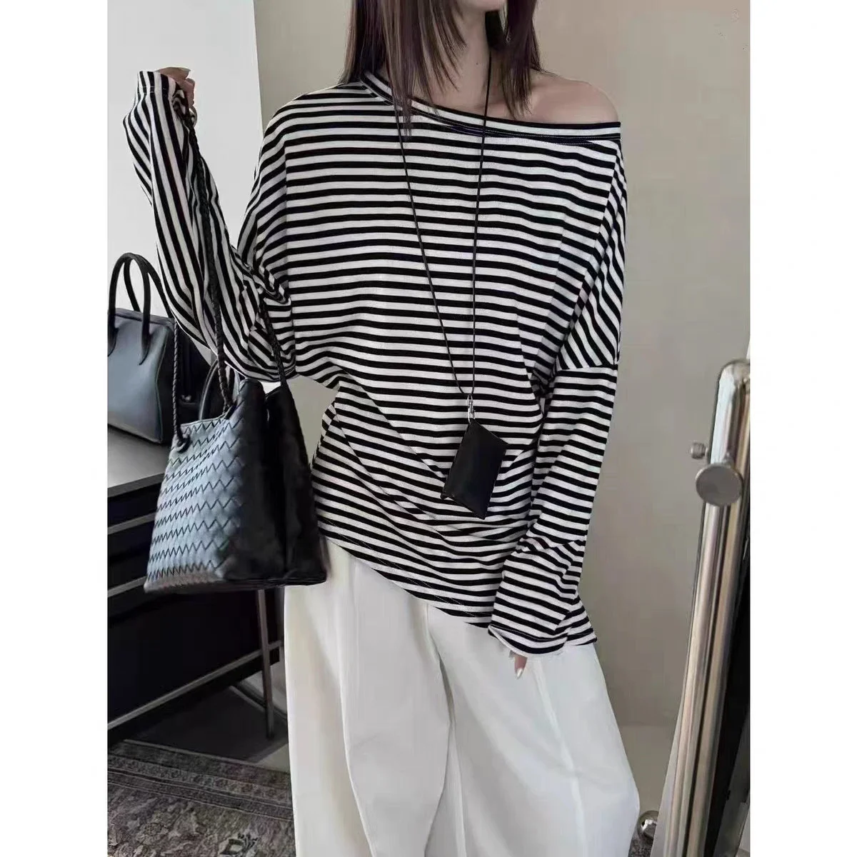 Tencel Women's Off-Shoulder Contrast Striped Tee