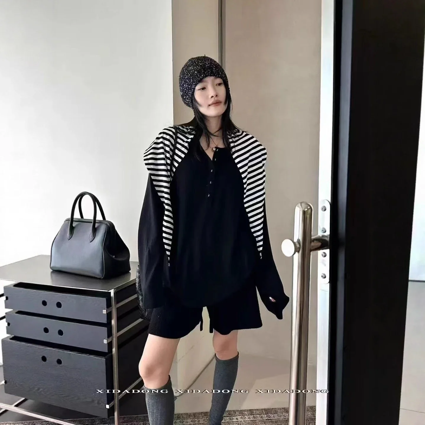 Women's LS Korean Striped Tee Set