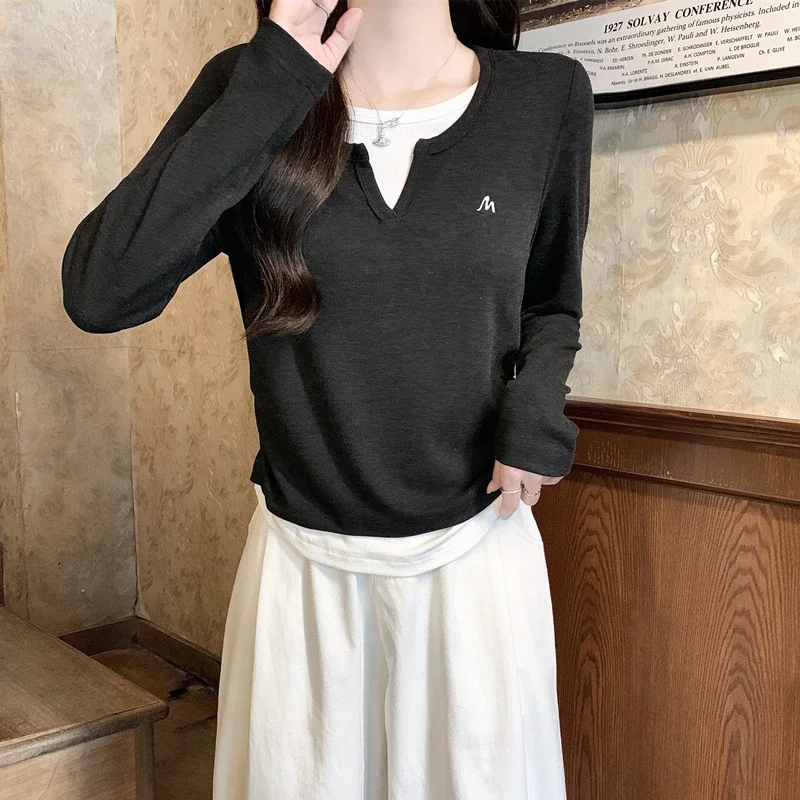 Women's V-Neck Long-Sleeve Layered Cropped T-Shirt
