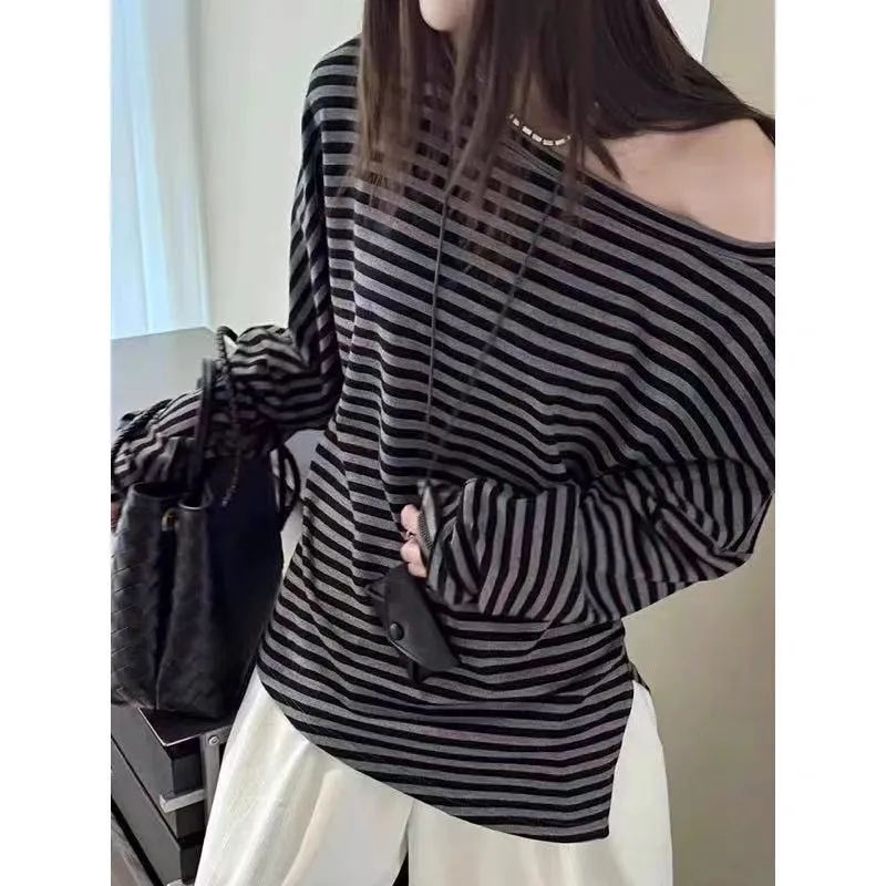 Tencel Women's Off-Shoulder Contrast Striped Tee