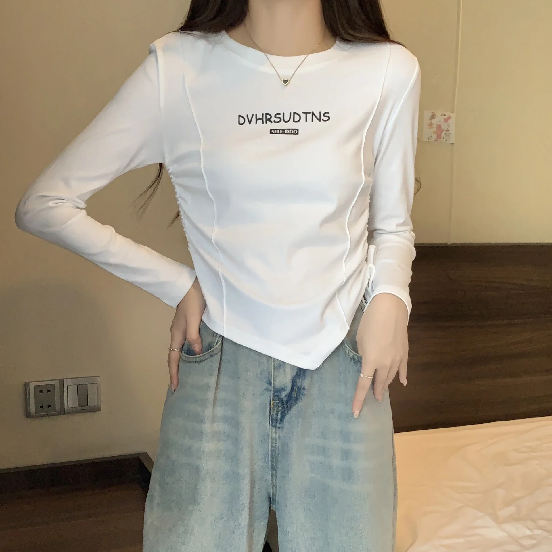 Women's Autumn Cropped Drawstring Long-Sleeve Top