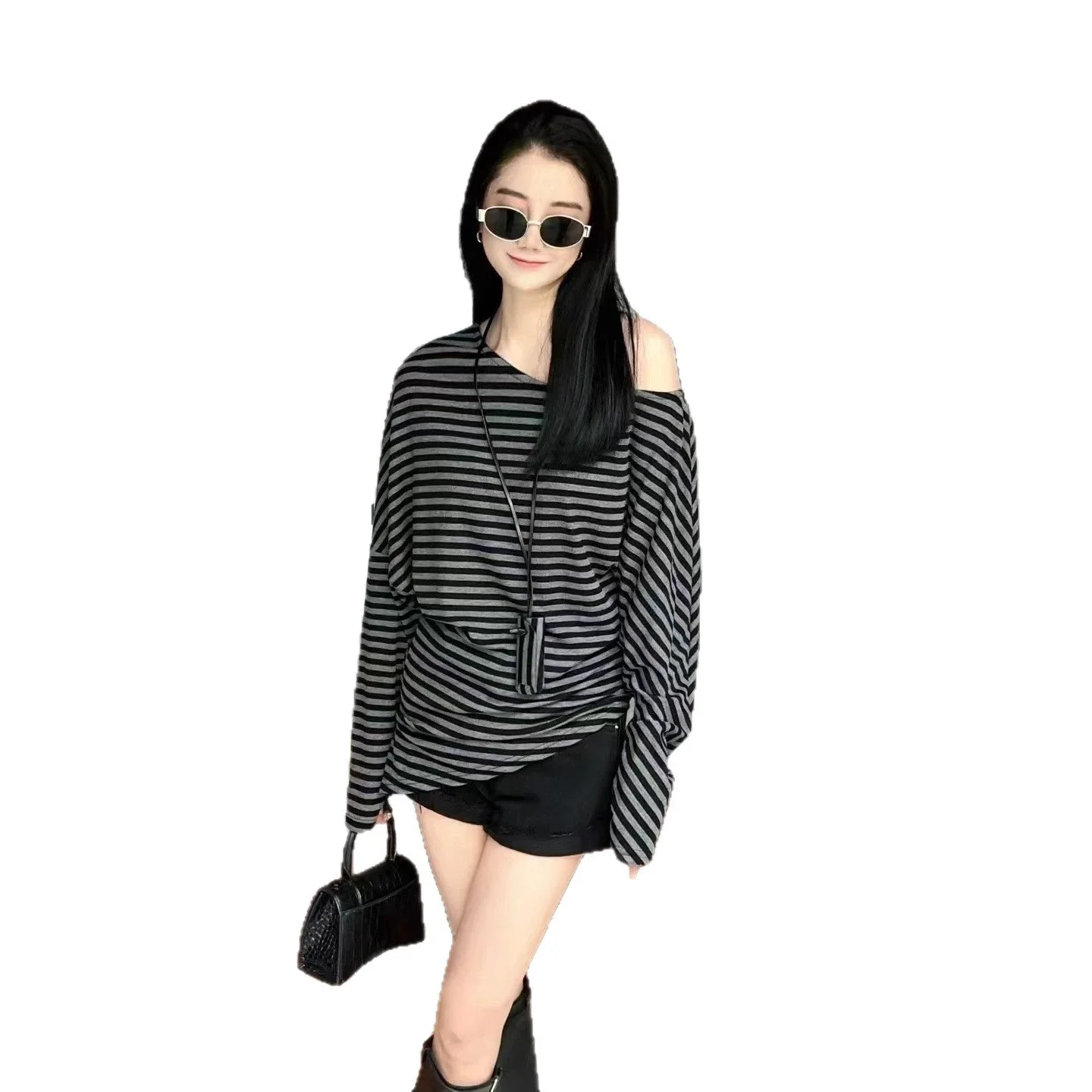 Tencel Women's Off-Shoulder Contrast Striped Tee