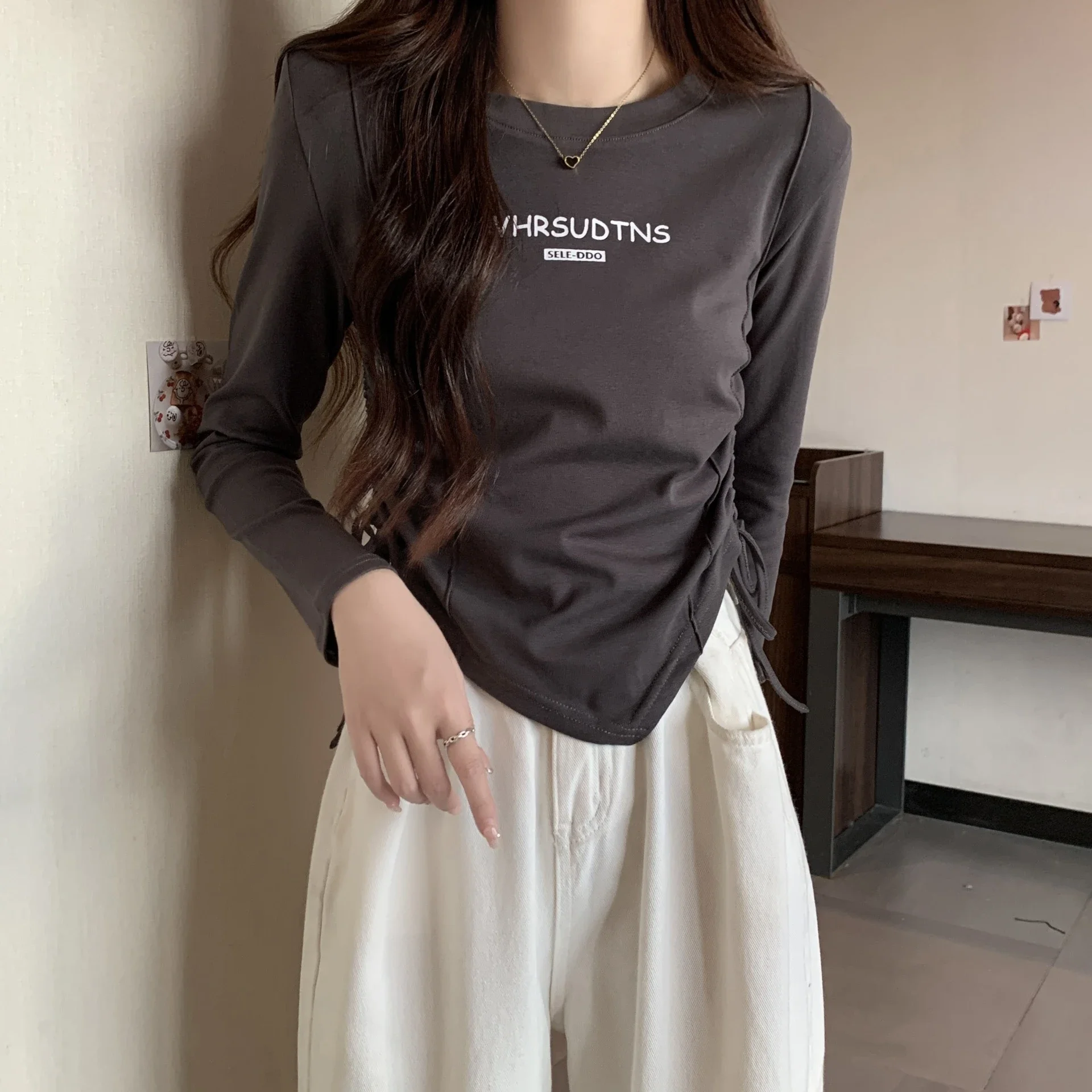 Women's Autumn Cropped Drawstring Long-Sleeve Top