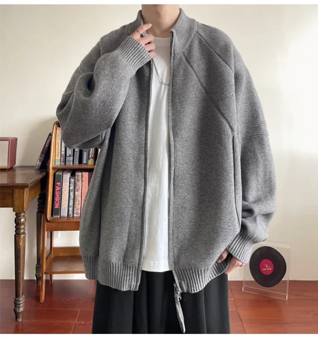 Men's Japanese Loose Zip Knit Cardigan Detail
