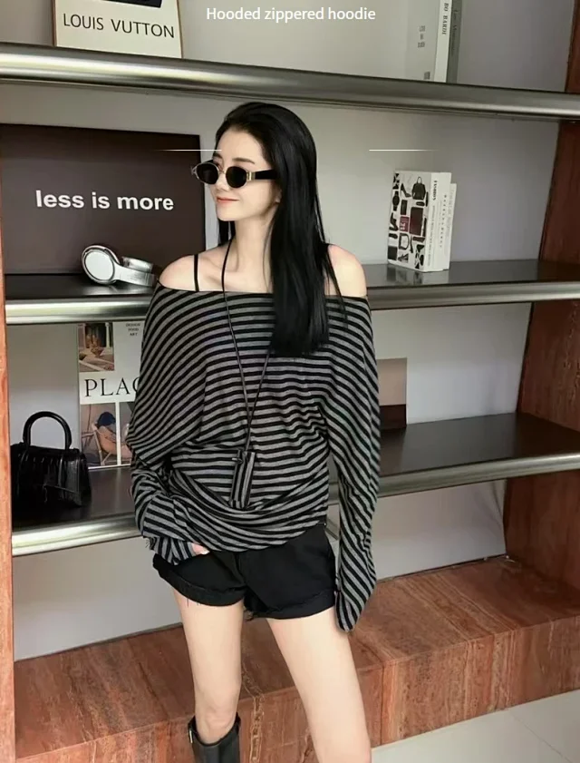 Tencel Women's Off-Shoulder Contrast Striped Tee Detail
