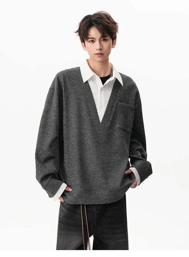 Men's Relaxed Shirt Collar Layered Sweater Detail