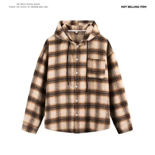 Men's Cyber Plaid Hooded Shirt Loose Unisex Detail