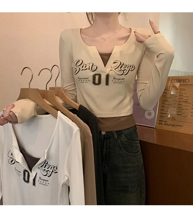Women's Long-Sleeve Layered Retro Tee Detail