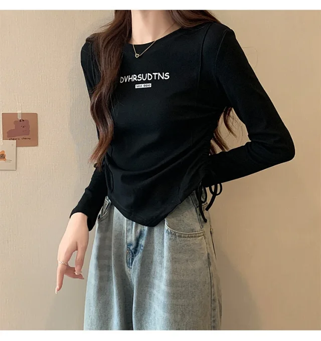 Women's Autumn Cropped Drawstring Long-Sleeve Top Detail