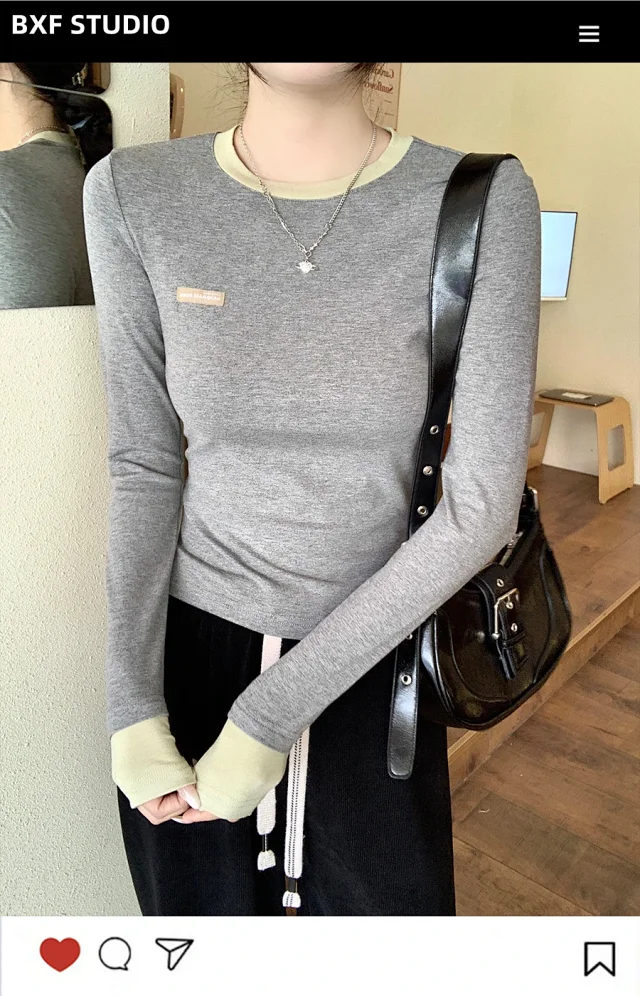 Women's Color-Block Mock Two-Piece Long-Sleeve Tee Detail